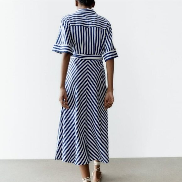 Zara Navy Blue Striped Linen Blend Belted Midi Shirt Dress Size Large - Picture 3 of 11